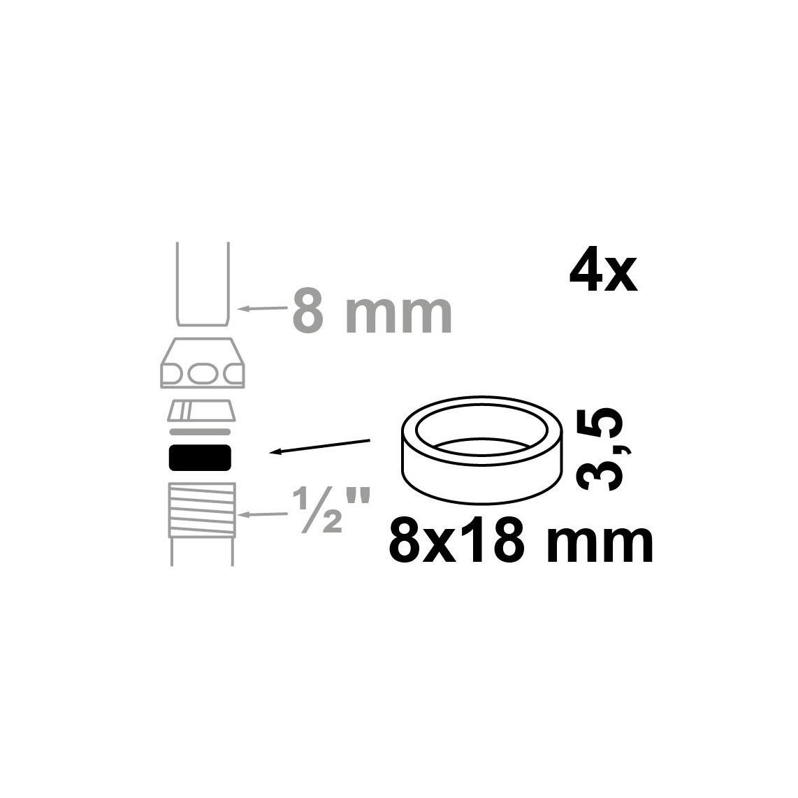 98697020 knelafdichting, Silicone, 8 x 18 x 3,5 mm, voor 1/2" x 8 mm (4x) vue 2