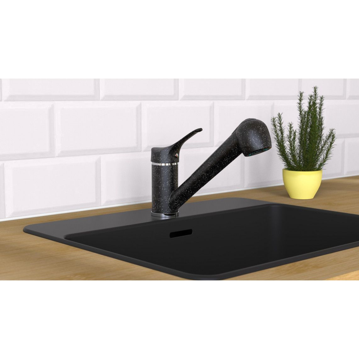 NI183SMCR-LP GRANIT Mitigeur évier basse pression, granit noir/chromé, avec douchette à rincer extractible vue 6