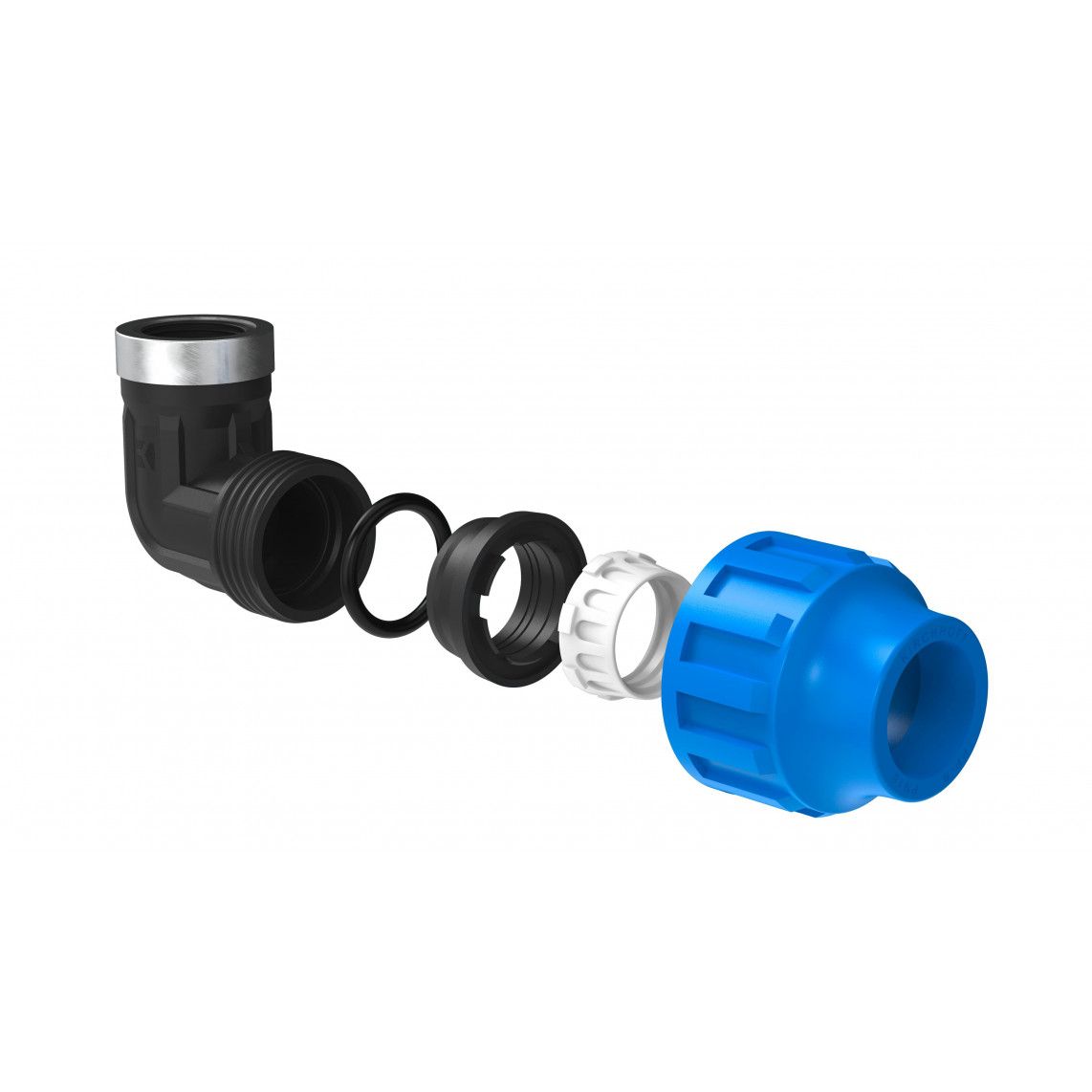 984846217 Transition angle 90°, PP, 25 mm x 3/4" female, clamp fitting for HDPE pipe, DVGW certified vue 3