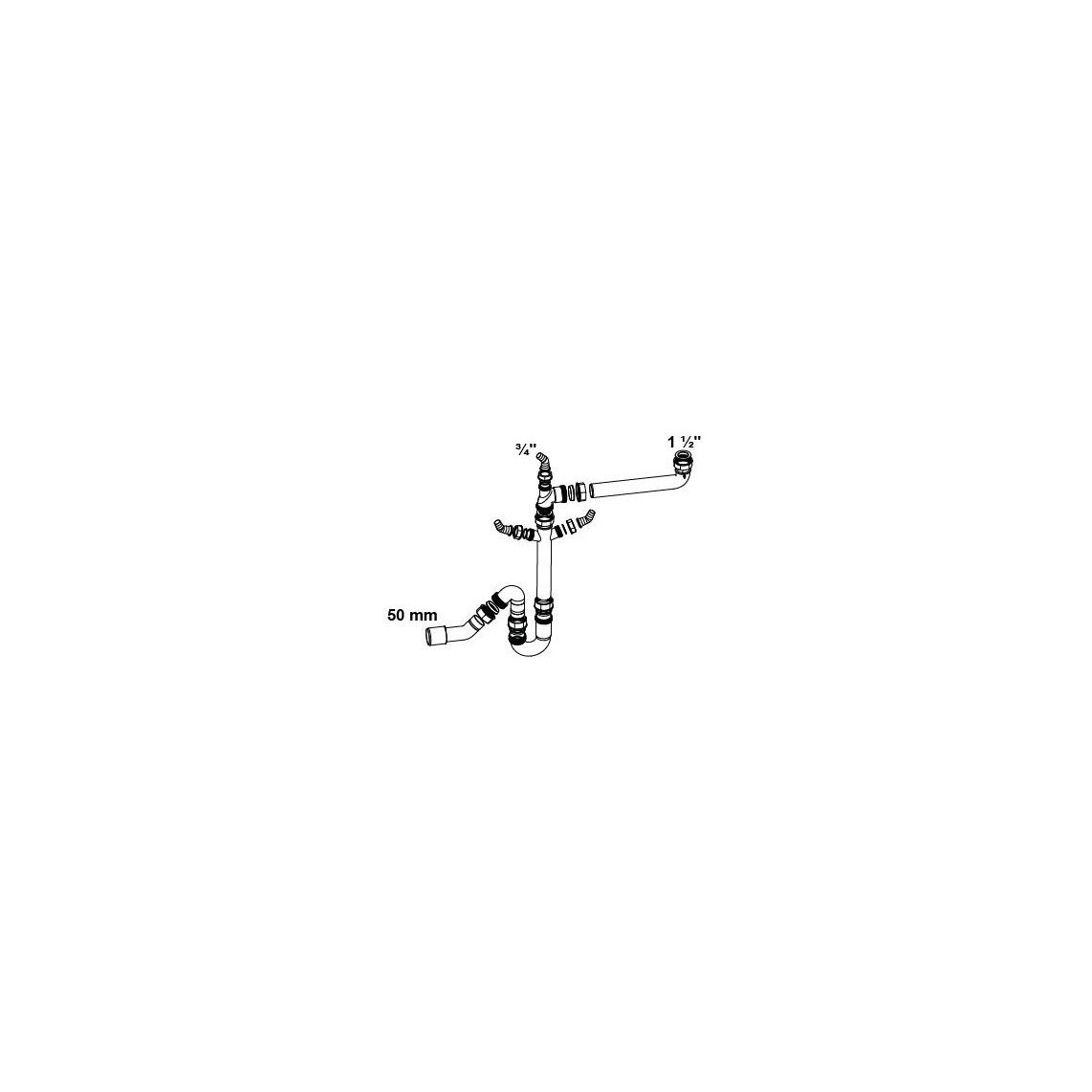 98833748 KS ruimtebesparende buissifon voor spoelbak, wit, 1 1/2"BI x 40/50 mm, met 3x 3/4" toestelaansluiting vue 2