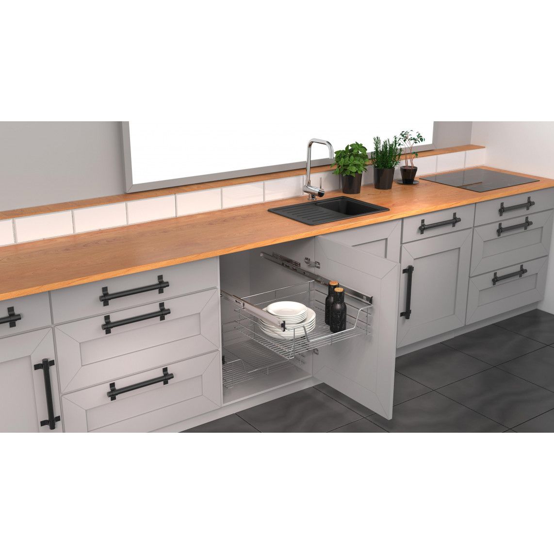 4328 Telescopische lade, chroom, 495 x 140 x 440 mm, voor 60cm kast vue 3