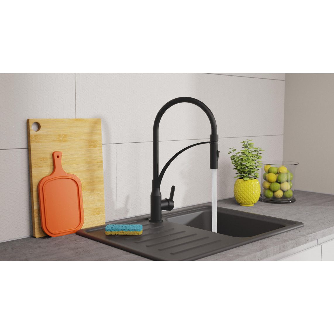 NI183CARB CARNEO Sink mixer, black matt/black, with soft-touch hose vue 6